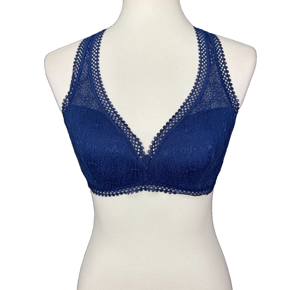 Victorias Secret Bra Womens Medium Navy Blue Lace Bralette Lightly Padded Lined